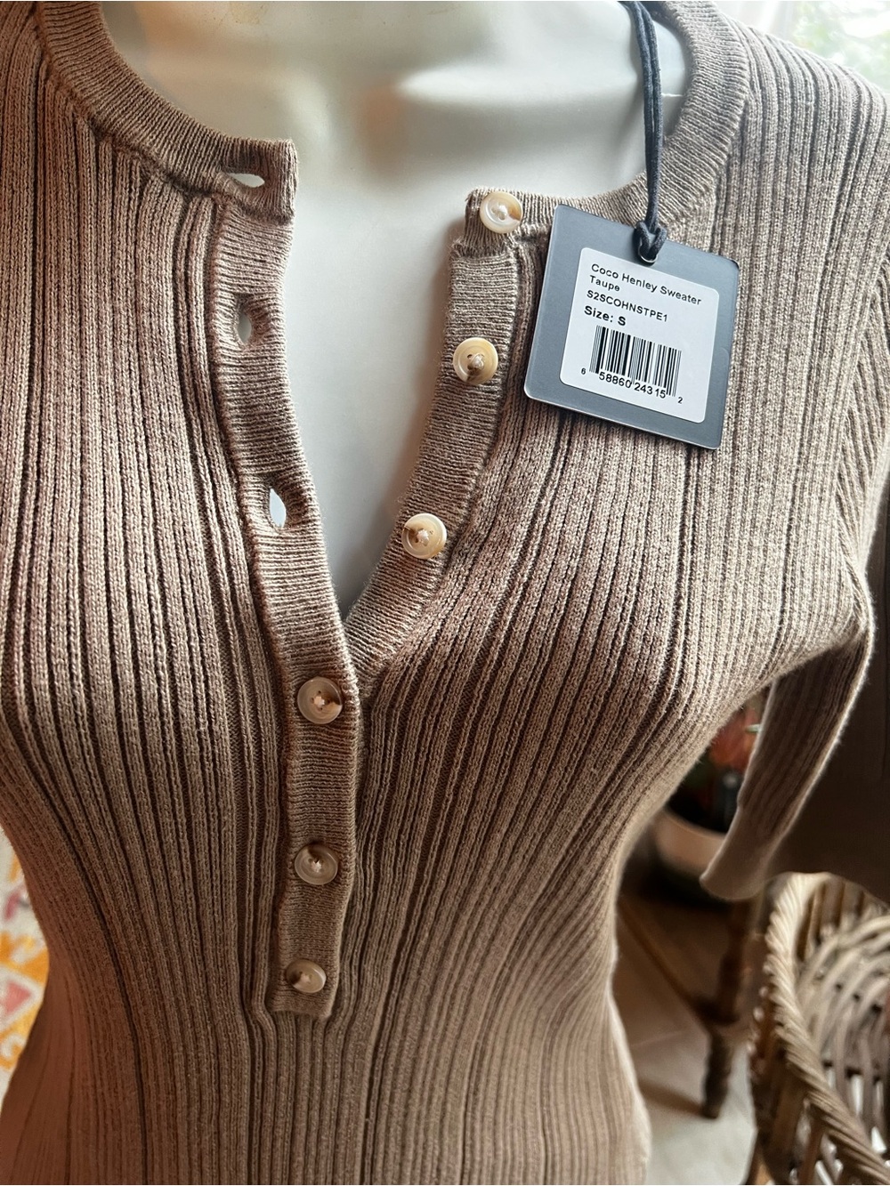 The Normal Brand Ribbed Henley Top - Beige Taupe - Picture 2 of 3